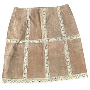 Vtg Margaret Godfrey Women's 100% Suede Beige Skirt With Lace Appliqué Size 14 N